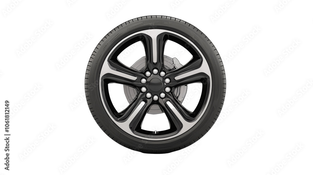A sleek black alloy wheel with a modern design, featuring five spokes and a polished finish, set against a white background.