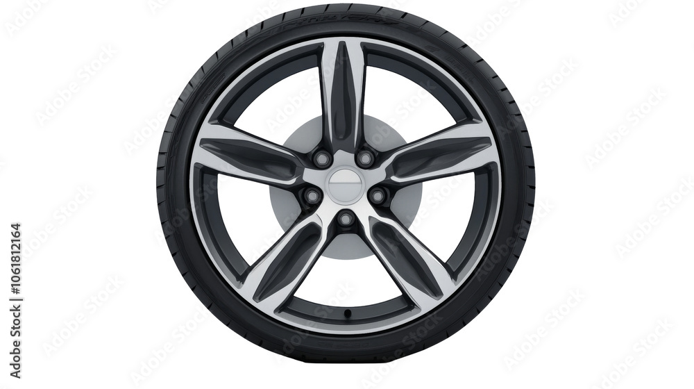 Fototapeta premium A sleek, modern alloy wheel featuring five spokes, set against a white background, showcasing its design and craftsmanship.