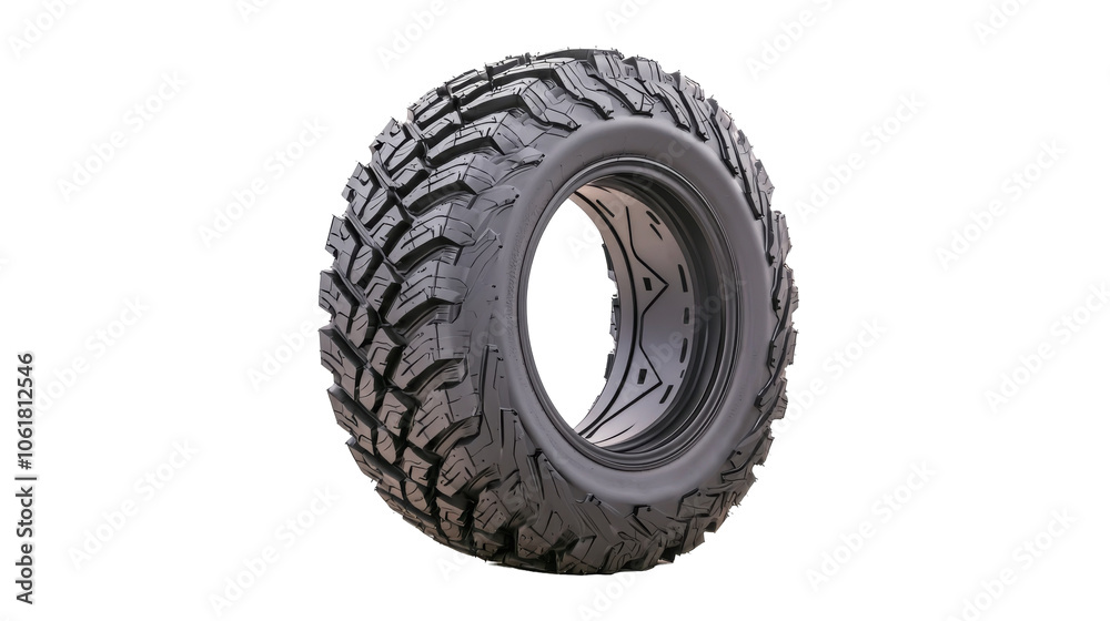 A rugged tire displayed on a white background, showcasing its tread design and sturdy build, ideal for off-road vehicles. A rugged tire displayed on a white background, showcasing its tread design and sturdy build, ideal for off-road vehicles.