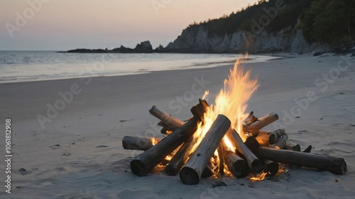 Fototapeta Naklejka Na Ścianę i Meble -  Campfire on a beach with driftwood logs arranged around it