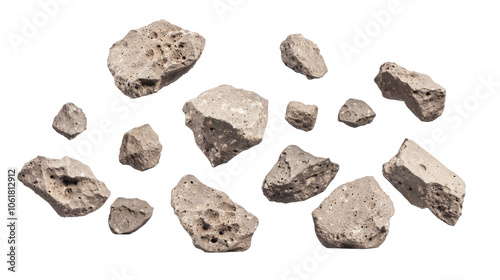 Various irregularly shaped rocks in different sizes and textures, set against a white background, showcasing natural geological formations. photo