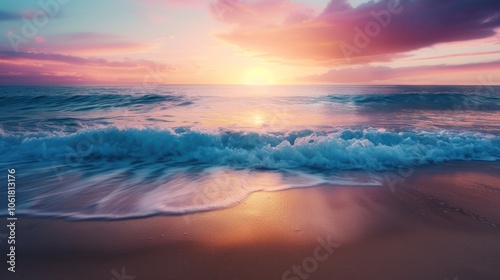 A serene sunset reflects on the ocean waves, creating a vibrant scene of colors blending in the sky and water.