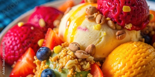 A tantalizing blend of creamy vanilla, vibrant sorbet, juicy fruit, and crunchy toppings, creating a symphony of textures and flavors in a delightful dessert. photo