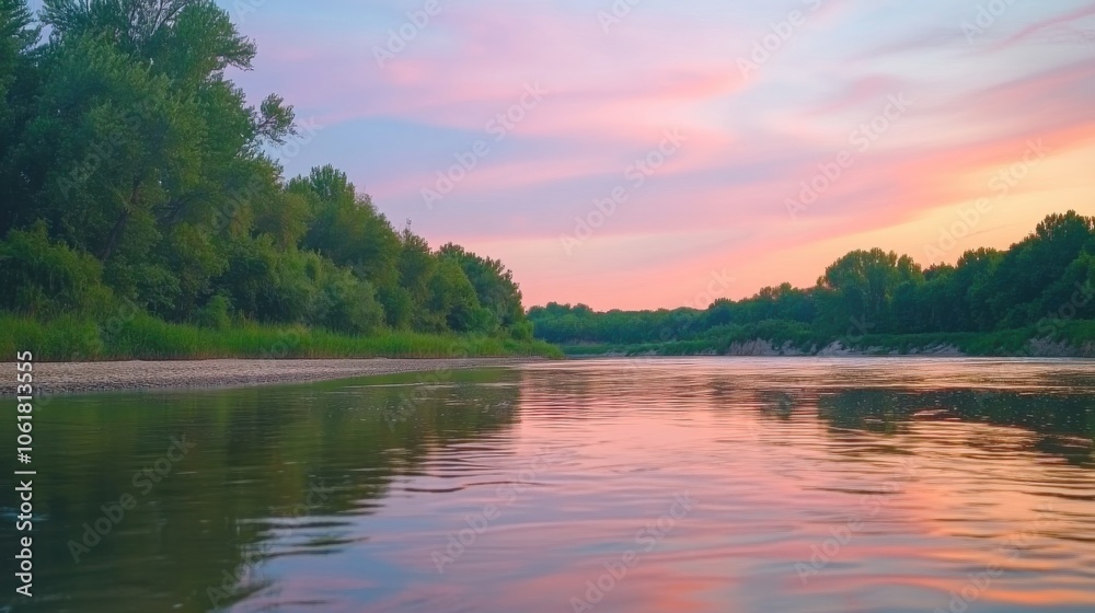 A stunning dusk view of the Kaw River reflecting colorful skies and lush greenery in the serene atmosphere of evening A stunning dusk view of the Kaw River reflecting colorful skies and lush greenery in the serene atmosphere of evening