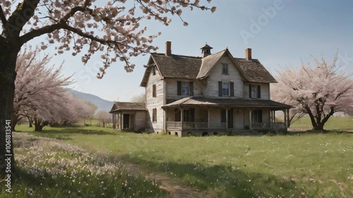 Old farmhouse surrounded by blooming cherry trees