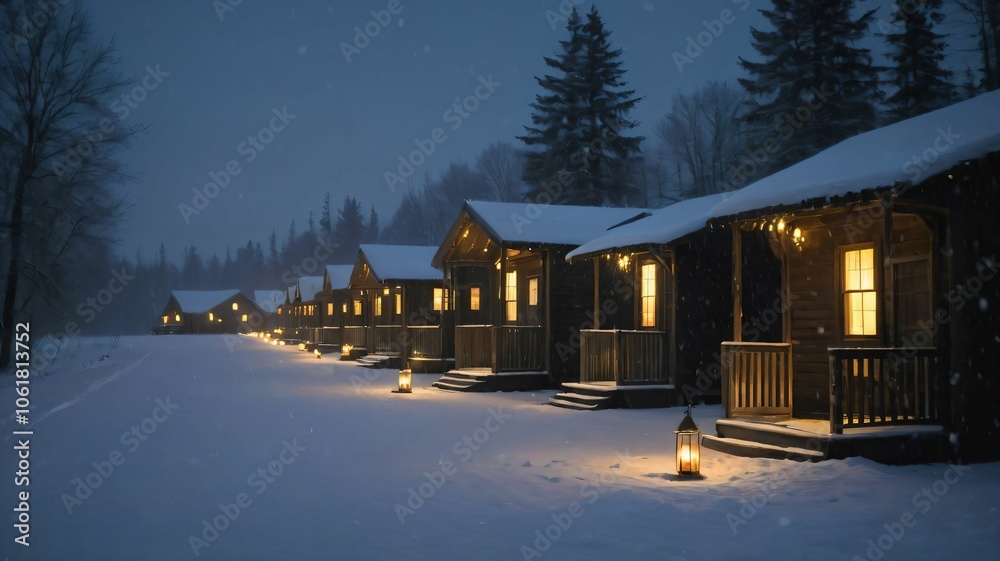 Row of cabins lit up by candlelight during an evening snowfall Row of cabins lit up by candlelight during an evening snowfall