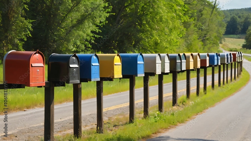 Row of mailboxes painted in bright colors along a country road Row of mailboxes painted in bright colors along a country road