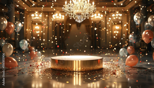 product display podium metallic gold, luxurious ballroom decorated for a New Year’s Eve gala, Crystal chandeliers hang overhead, warm glow, balloons, confetti, ad, podium platform, product present