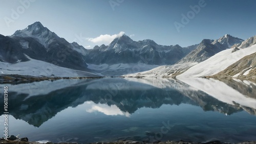 Snowy mountain range reflected in a crystalclear alpine lake photo