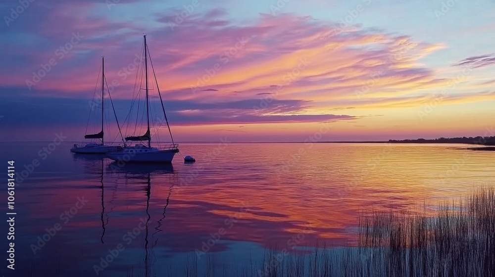 Naklejka premium Breathtaking dusk over Mobile Bay with boats reflecting on calm water