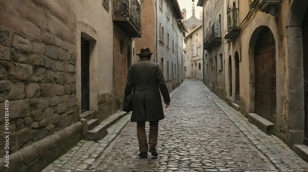 Traveler exploring a winding cobblestone alleyway Traveler exploring a winding cobblestone alleyway