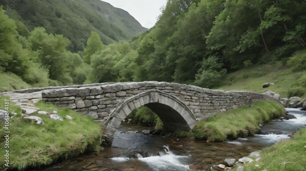 View of an old stone bridge arching over a gentle mountain stream View of an old stone bridge arching over a gentle mountain stream