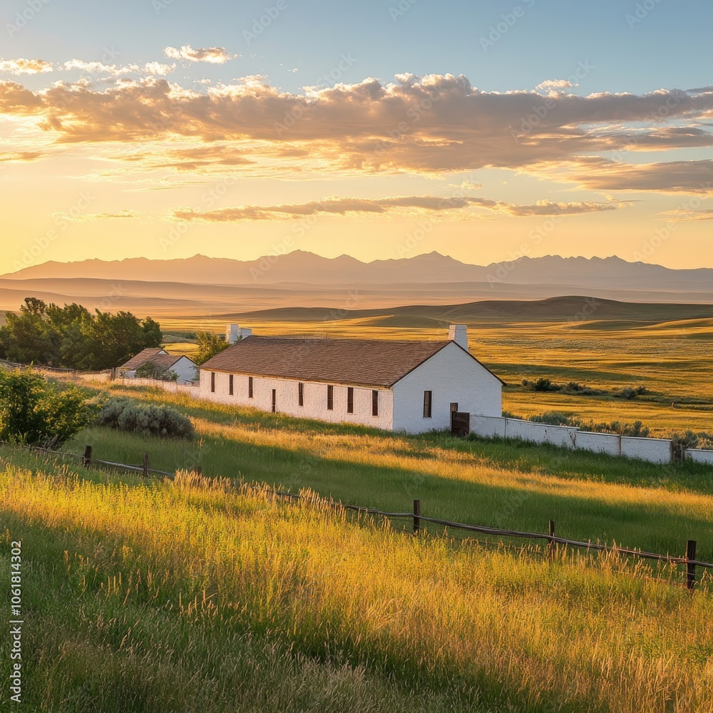 Stunning sunset view over Fort Union Trading Post with expansive fields and mountains in the distance Stunning sunset view over Fort Union Trading Post with expansive fields and mountains in the distance