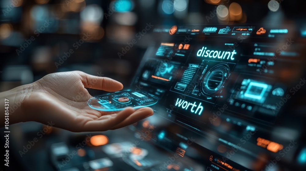 Captivating Glimpse into the Future: A Holographic Interface Showcasing Discount and Worth in Business Transactions Captivating Glimpse into the Future: A Holographic Interface Showcasing Discount and Worth in Business Transactions