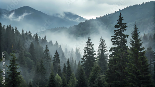 A dense forest of tall evergreen trees covered in a thick layer of mist. The fog weaves through the treetops, creating a mysterious and atmospheric scene. The forest is lush and deep green, with layer