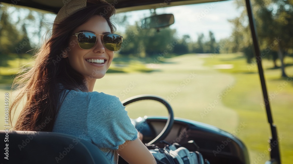 A woman drives a golf cart on a sunny day through a lush green golf course, enjoying her time outdoors with a bright smile A woman drives a golf cart on a sunny day through a lush green golf course, enjoying her time outdoors with a bright smile