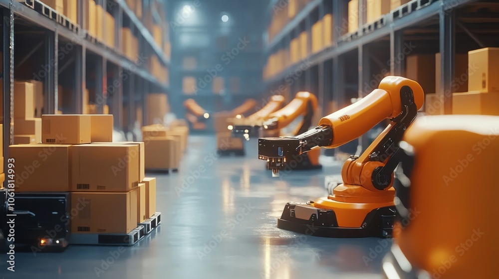 Modern warehouse filled with robotic arms sorting packages in a well-organized environment during daylight Modern warehouse filled with robotic arms sorting packages in a well-organized environment during daylight