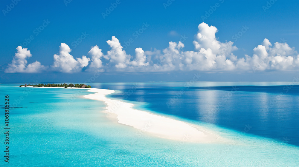 Maldives or Seychelles, billowing clouds, palm trees, and vibrant tropical plants by the ocean's white sand beach. Maldives or Seychelles, billowing clouds, palm trees, and vibrant tropical plants by the ocean's white sand beach.