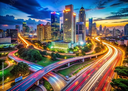 Stunning Nighttime Cityscape with Vibrant Traffic Trails, Urban Lights, and Skyscrapers in a Panoramic View for Captivating Night Photography