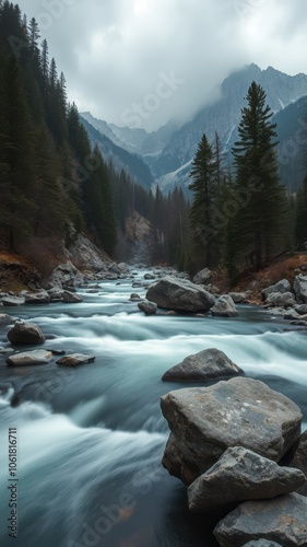 A rushing river flows through a mountain valley on a cloudy day