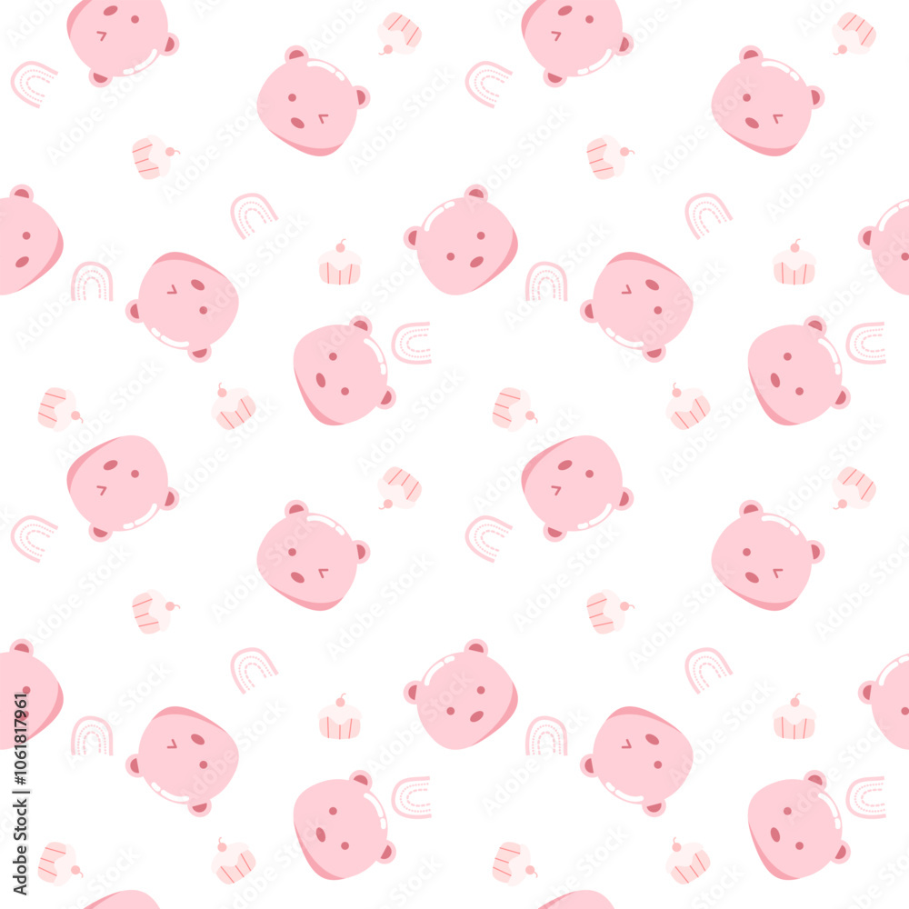 Bear face pink color cartoon so cute. On cupcake rainbow and white background. Pattern seamless vector illustration.
Bear face pink color cartoon so cute. On cupcake rainbow and white background. Pattern seamless vector illustration.
