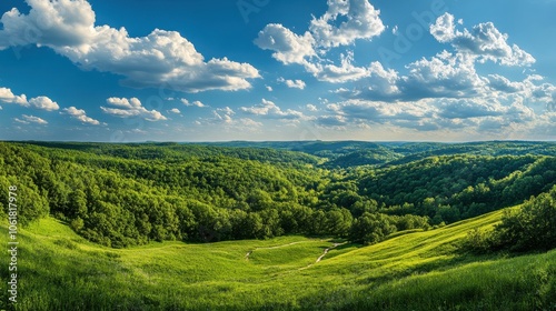 Breathtaking panorama showcasing the lush rolling hills under a vibrant sky in a tranquil valley during daylight