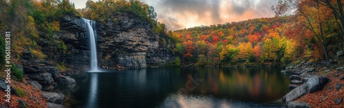 A breathtaking autumn panorama of the Pocono Mountains featuring a serene waterfall and vibrant foliage at dusk photo