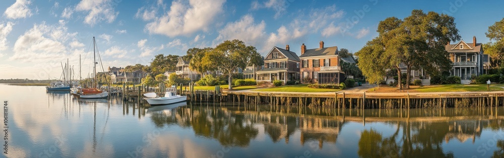 Stunning panorama of the historic town by the serene waterfront highlighting charming architecture and tranquil boats at sunrise Stunning panorama of the historic town by the serene waterfront highlighting charming architecture and tranquil boats at sunrise