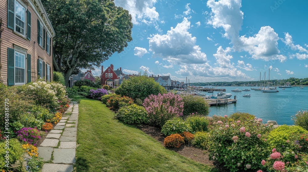 A vibrant panorama showcasing the picturesque town with blooming gardens and boats in the harbor under a bright blue sky A vibrant panorama showcasing the picturesque town with blooming gardens and boats in the harbor under a bright blue sky