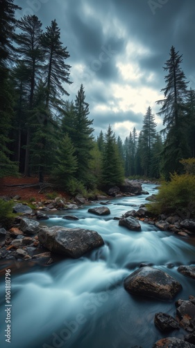 A river flows through a forest under a cloudy sky