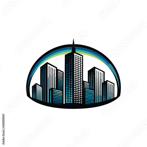 Design a clean, modern city skyline logo with gradient shades for a tech company. The logo should be sleek and minimalist with a futuristic feel.