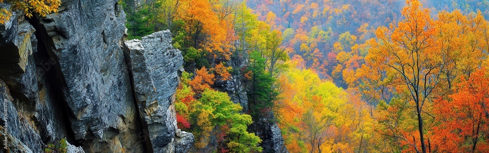 A breathtaking panoramic view of the vibrant autumn foliage in Shenandoah National Park surrounded by majestic cliffs A breathtaking panoramic view of the vibrant autumn foliage in Shenandoah National Park surrounded by majestic cliffs