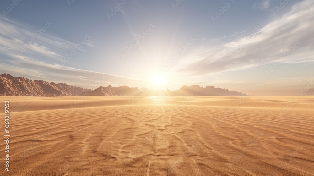Naklejka premium A vast, arid desert landscape illuminated by a warm, bright sun, featuring rolling sand dunes and distant mountains under a clear sky.