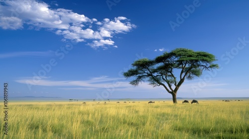 A solitary tree stands majestically against a vast blue sky, surrounded by golden grasslands under a scattering of fluffy white clouds.