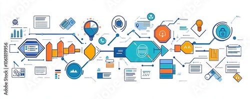 Wallpaper Mural A vibrant illustration of data flow and processes, featuring various icons representing analytics, automation, and digital information exchange. Torontodigital.ca
