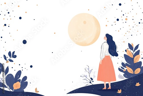 Illustration of woman in field with flowers