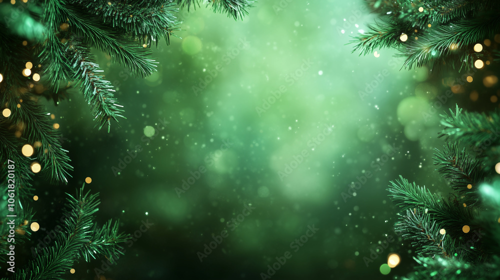 christmas background theme with christmas tree branches,  lights, and bokeh effects