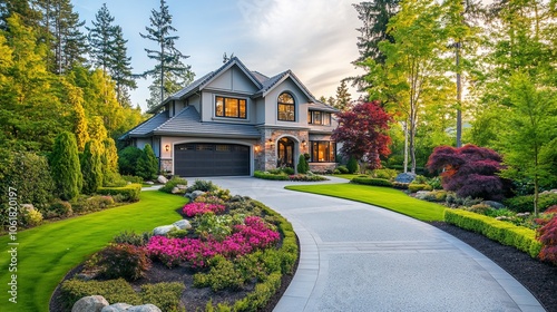 A modern house with a large front yard, green lawn, lush landscaping, and a long driveway.