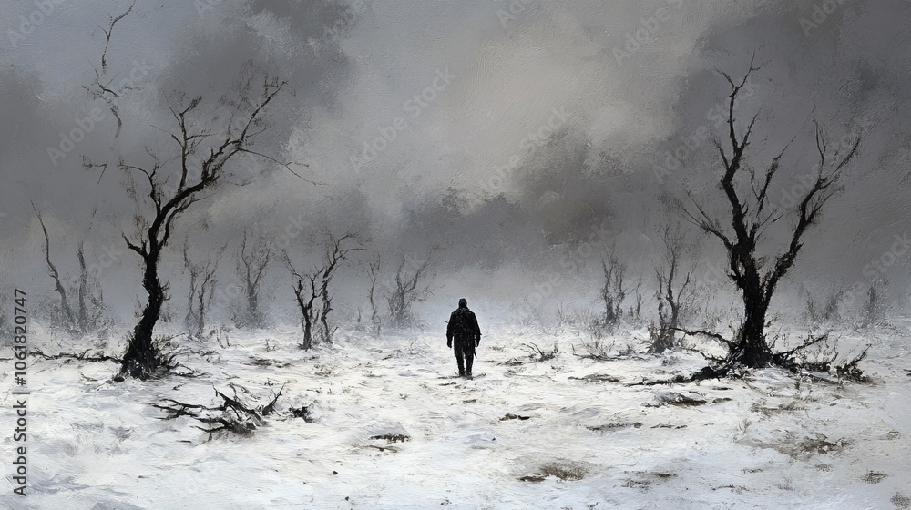 Fototapeta premium A man walks through a snowy field with trees in the background. The scene is desolate and quiet, with the man being the only living being in the image. Scene is somber and lonely