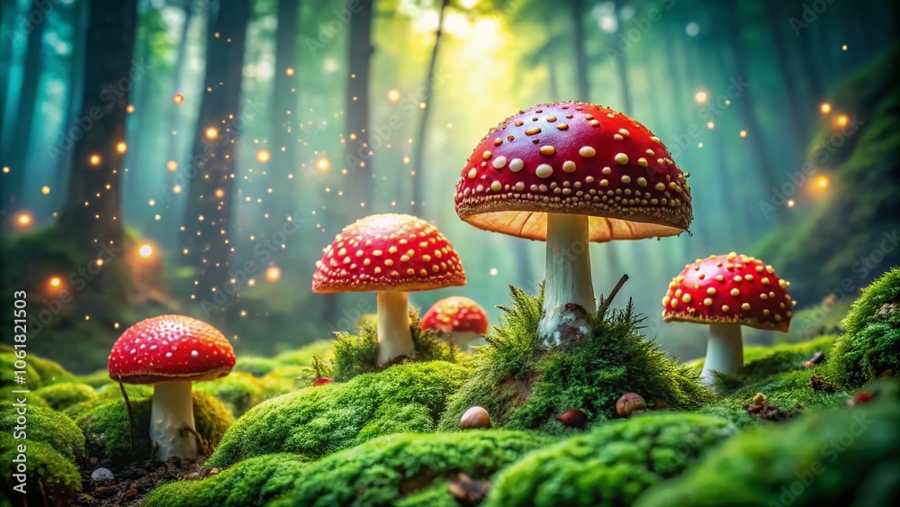 Surreal Landscape of Fly Agaric Mushrooms on Lush Green Moss with Mystical Atmosphere and Dreamlike Elements Surreal Landscape of Fly Agaric Mushrooms on Lush Green Moss with Mystical Atmosphere and Dreamlike Elements