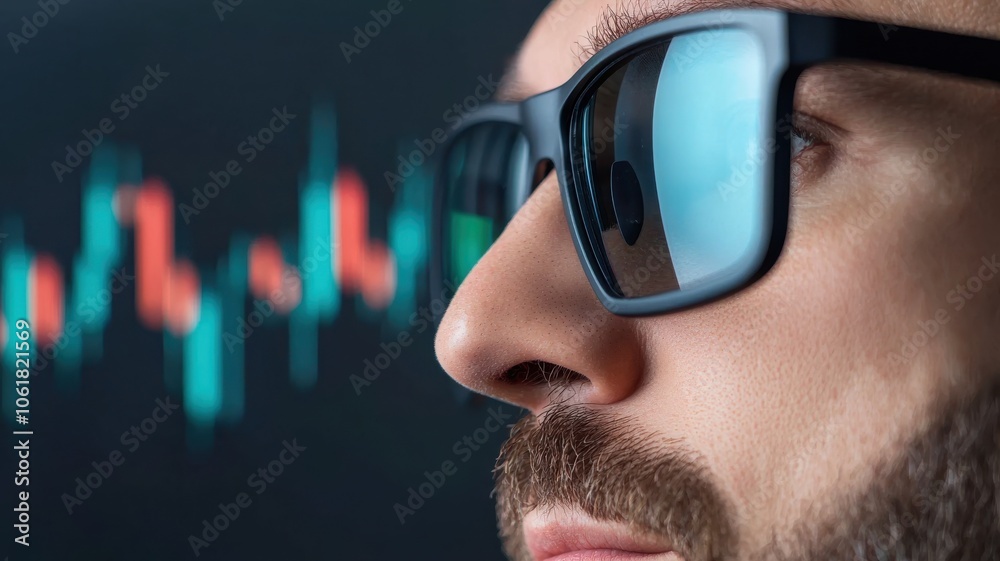 A close-up of a man wearing sunglasses, analyzing stock market data on a screen with a focus on the reflectivity and market trends. A close-up of a man wearing sunglasses, analyzing stock market data on a screen with a focus on the reflectivity and market trends.