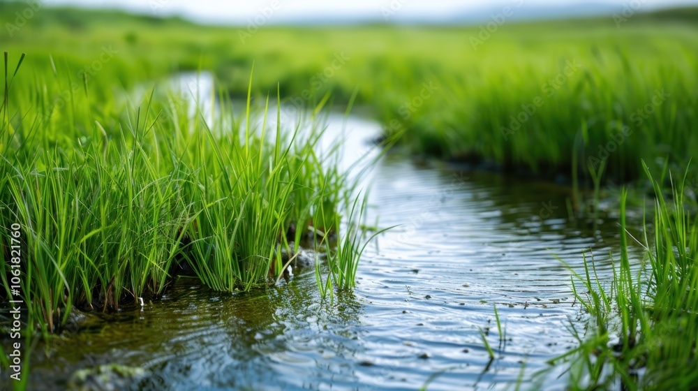 A peaceful stream flows through lush green grass, reflecting the serenity of nature in a vibrant, tranquil landscape. A peaceful stream flows through lush green grass, reflecting the serenity of nature in a vibrant, tranquil landscape.