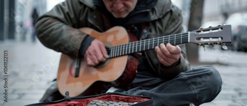 A street musician strums an acoustic guitar, surrounded by the soft hum of urban life, capturing the essence of heartfelt performance. photo