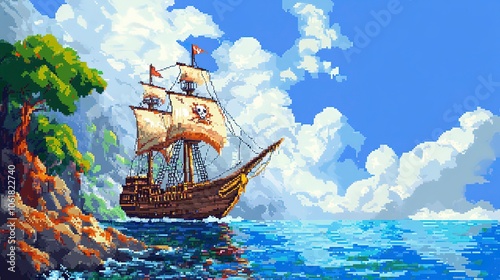 A pixel art pirate ship on the ocean.