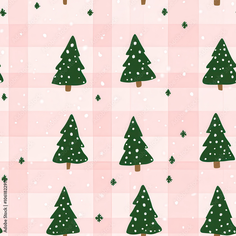 Green Christmas trees with snowflakes on pink checkered background create festive and minimalist pattern, perfect for holiday decor