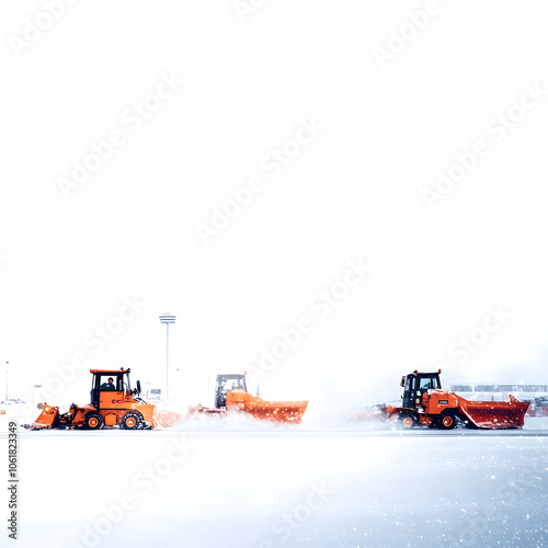 snowplows and crews removing snow from runway at toronto, canada airport highlighted by white, minimalism, png photo