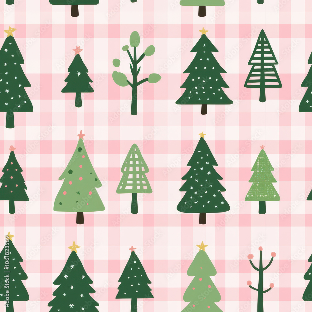 charming pattern of minimalist Christmas trees in various shades of green on pink plaid background creates festive and whimsical design charming pattern of minimalist Christmas trees in various shades of green on pink plaid background creates festive and whimsical design