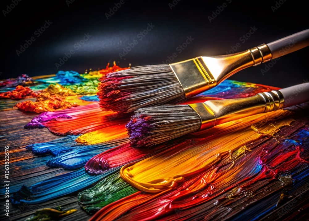 Fototapeta premium Thick Acrylic Oil Paint Brush Strokes on Black Background - Low Light Photography for Artistic Creativity and Abstract Aesthetics