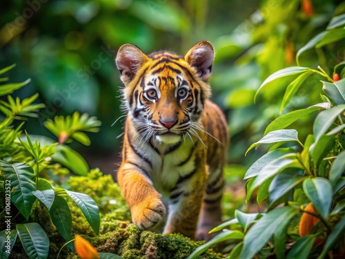 Adorable Tiger Cub in Natural Habitat - Aerial Wildlife Photography Capturing the Charm of Young Tigers in Lush Greenery, Wildlife Conservation, Cute Animal Imagery