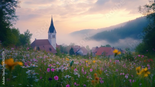Fototapeta Naklejka Na Ścianę i Meble -  A tranquil view of a village church steeple surrounded by wildflowers at dawn in a misty landscape